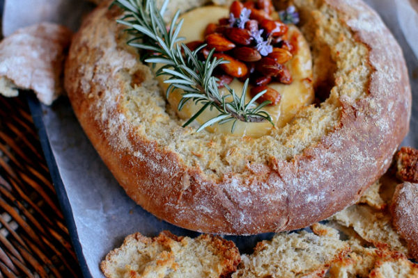 Baked Brie With Maple Roasted Almonds In A Crusty Bread Bowl