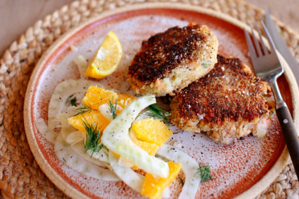 Oat and Walnut Crusted Salmon Cakes with Fennel Salad
