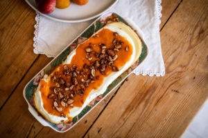 Simple Cheesecake with Roasted Apricot Purée and Praline
