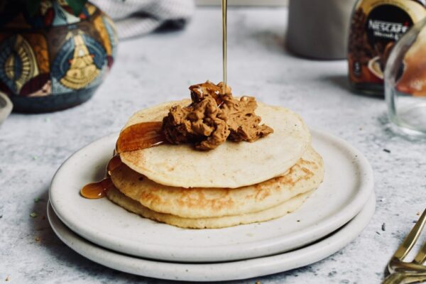 Protein Pancakes topped with Coffee Butter & Maple Syrup